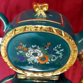 Green Floral Barrel Teapot with gold trim by Sadler
