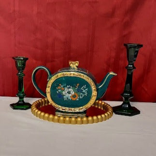 Green Floral Barrel Teapot with gold trim by Sadler