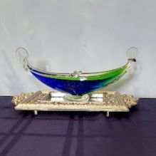 Murano cobalt blue and green glass gondola, boat, ashtray