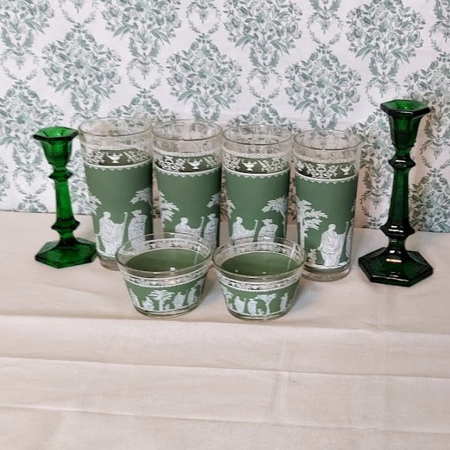 Wedgwood Green Hellenic set of 4 Glasses and 2 bowls