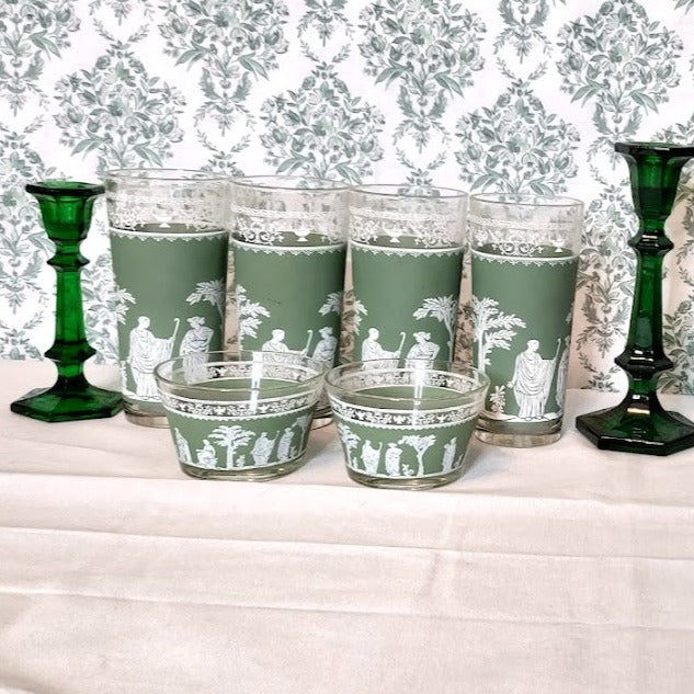 Wedgwood Green Hellenic set of 4 Glasses and 2 bowls