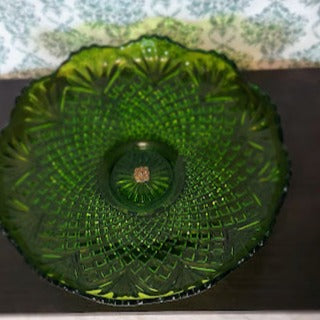 Vintage, Large green cut glass platter on bronze stand-- stand is stamped on bottom