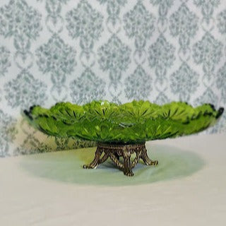Vintage, Large green cut glass platter on bronze stand-- stand is stamped on bottom