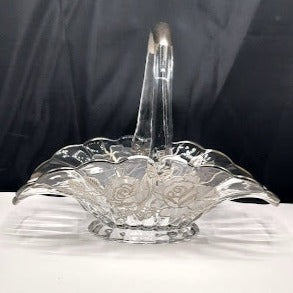 Vintage glass bridal basket with silver overlay, beautiful Rose design
