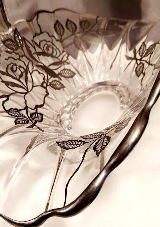 Vintage glass bridal basket with silver overlay, beautiful Rose design