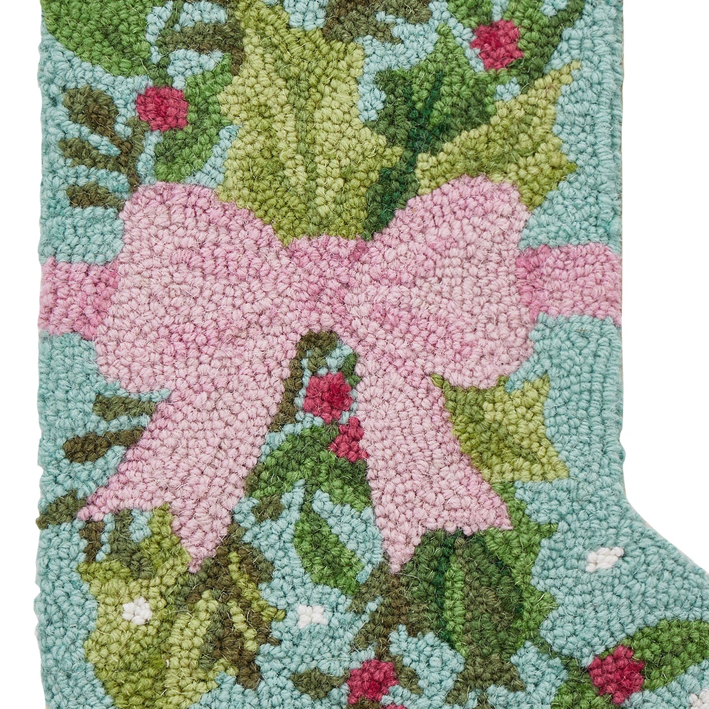 Holly Bow Wool Hook Christmas Stocking | Holiday Mantel Decor | 12" x 20"