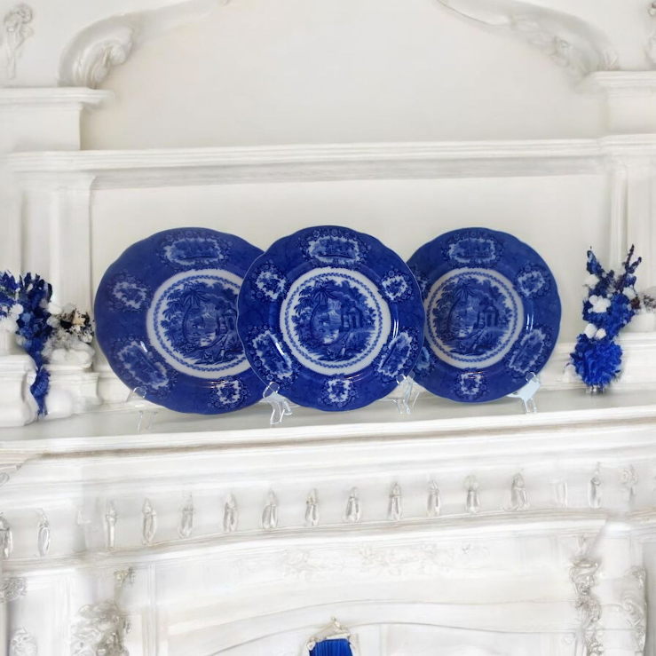 Flow Blue Plates, by William Ridgway, set of three, Stunning!!