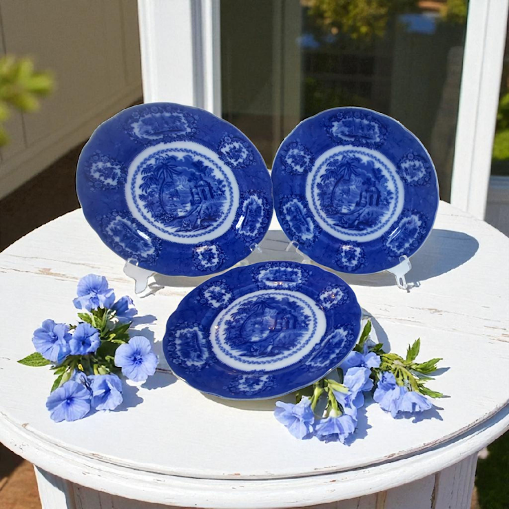 Flow Blue Plates, by William Ridgway, set of three, Stunning!!
