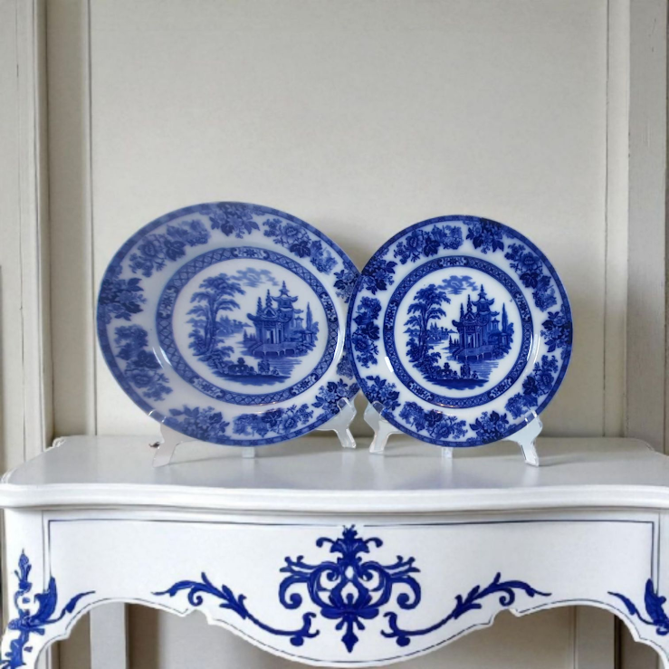 Flow blue transferware set of 2 plates, by Royal Doulton Madras