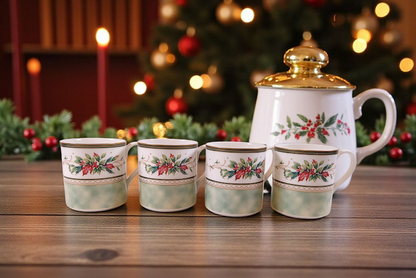 Fitz and Floyd "Winter Holiday Pattern" Christmas Mugs, Set of 4