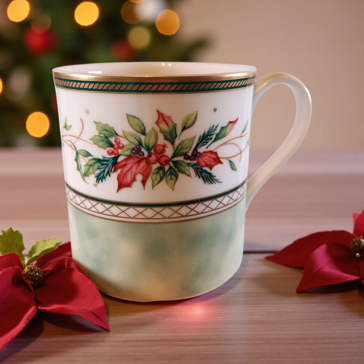 Fitz and Floyd "Winter Holiday Pattern" Christmas Mugs, Set of 4