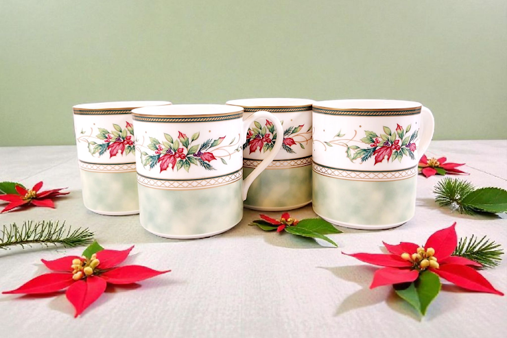 Fitz and Floyd "Winter Holiday Pattern" Christmas Mugs, Set of 4