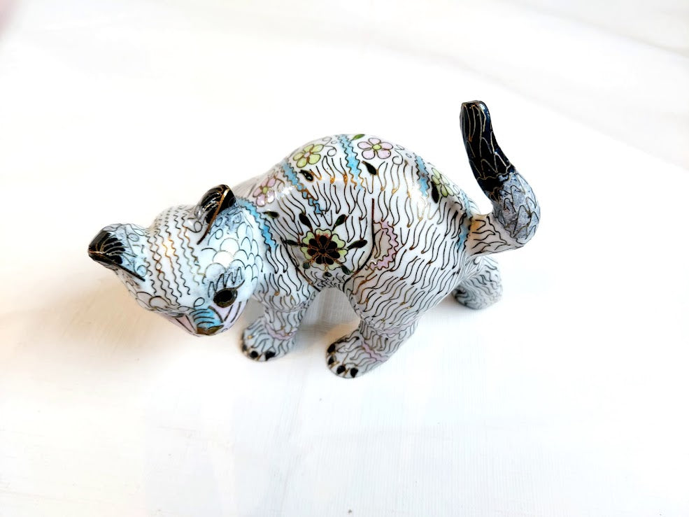 Vintage Chinese Cloisonné Copper Brass Enamel Cat Figurine