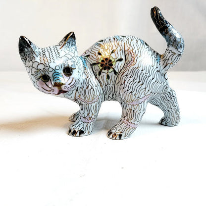 Vintage Chinese Cloisonné Copper Brass Enamel Cat Figurine