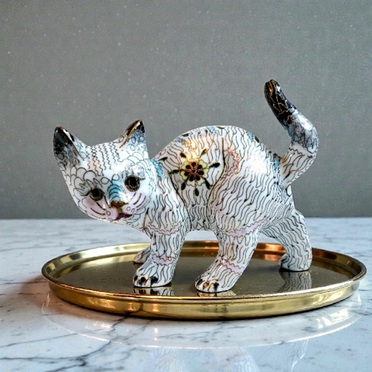 Vintage Chinese Cloisonné Copper Brass Enamel Cat Figurine