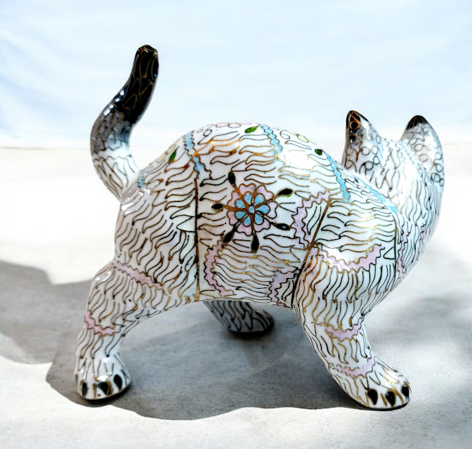 Vintage Chinese Cloisonné Copper Brass Enamel Cat Figurine