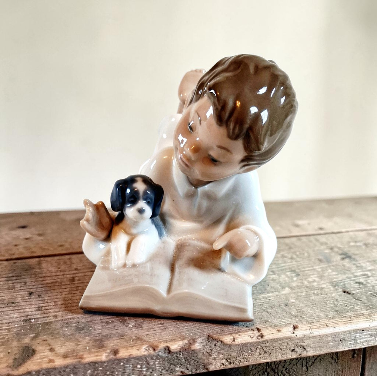 Lladro Porcelain Figure of Boy Reading to His Puppy, Excellent!