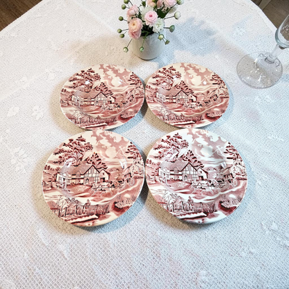 Vintage Red and White Transferware Deep Plates, Set of Four, Made in France