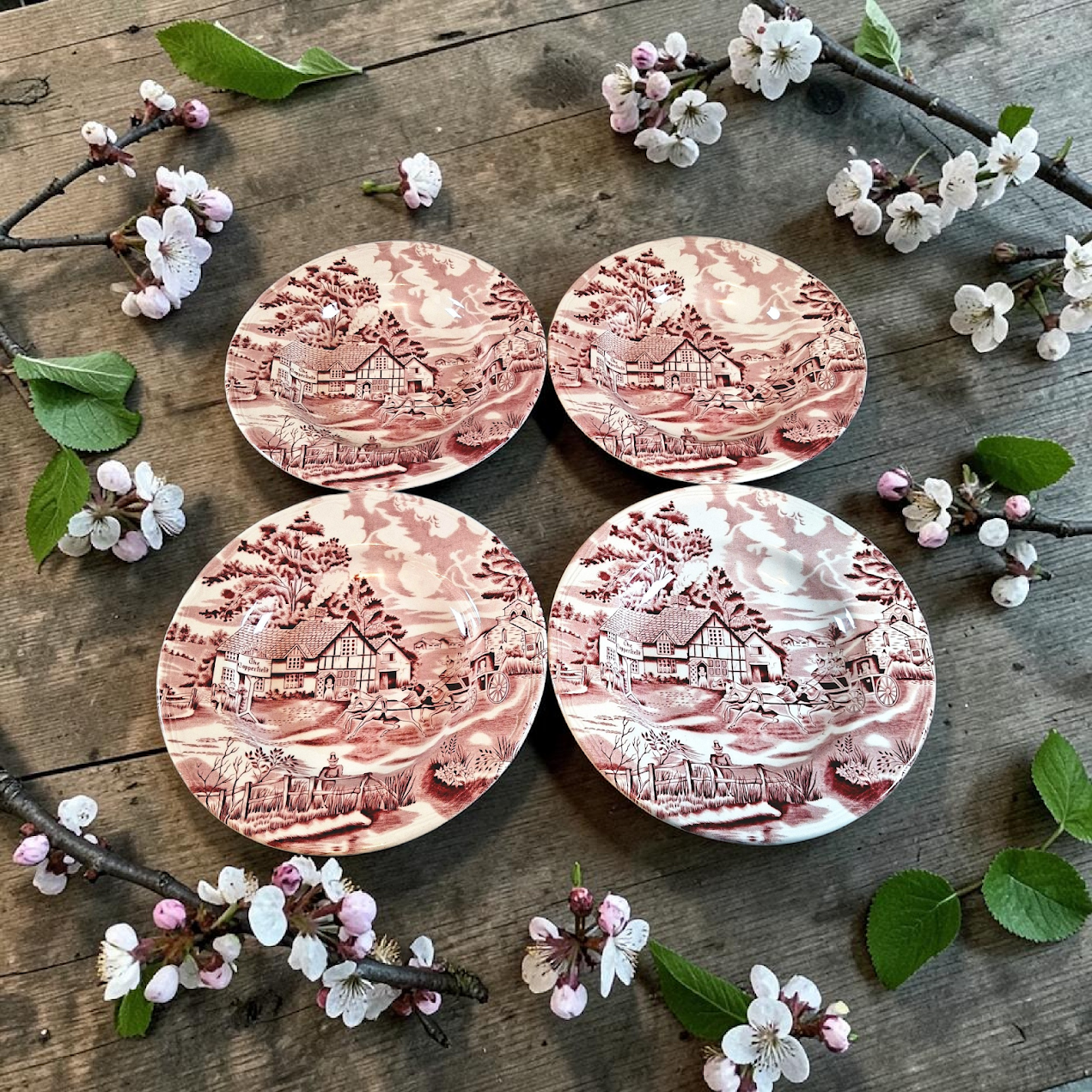 Vintage Red and White Transferware Deep Plates, Set of Four, Made in France