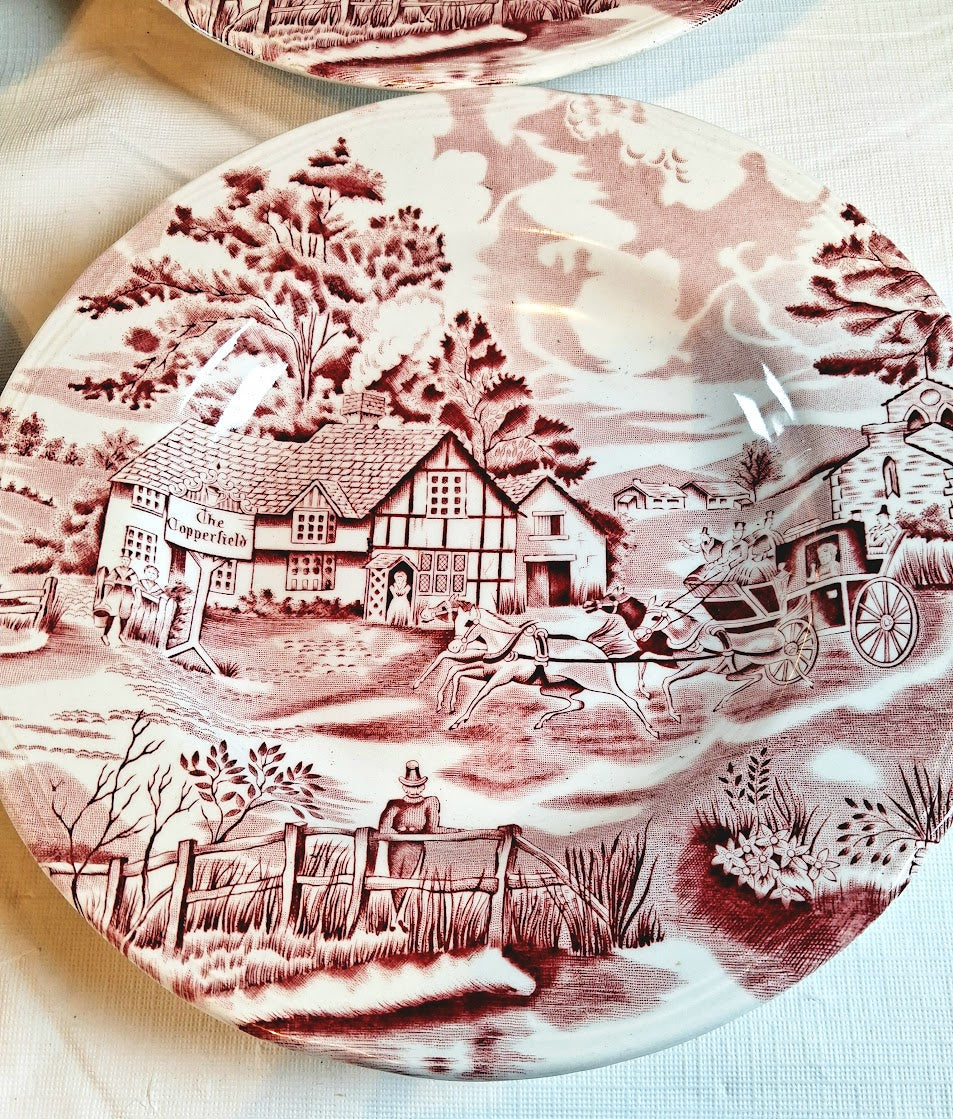 Vintage Red and White Transferware Deep Plates, Set of Four, Made in France
