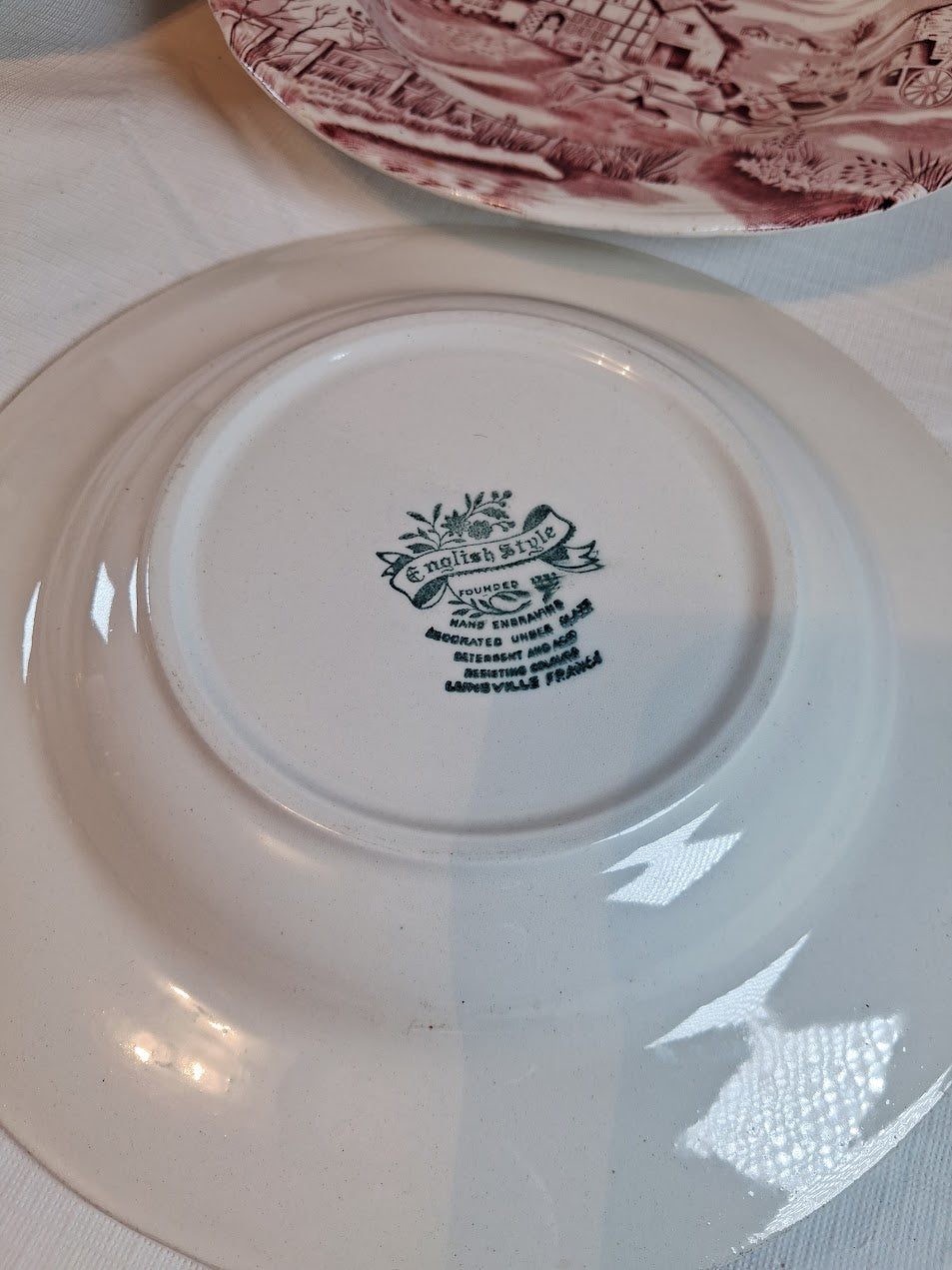 Vintage Red and White Transferware Deep Plates, Set of Four, Made in France