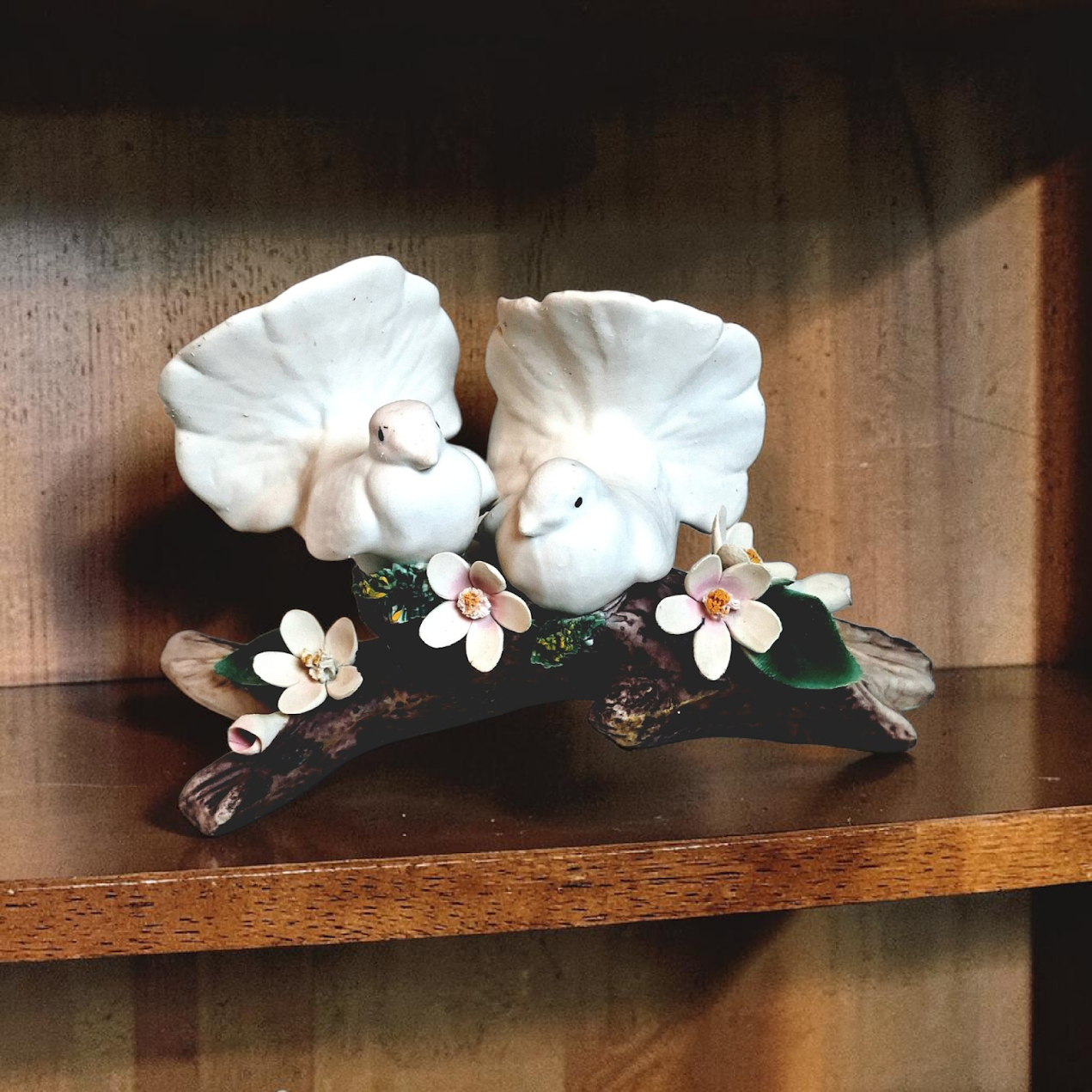 Vintage Italian Capodimonte Porcelain Doves on a Branch with Pink Flowers