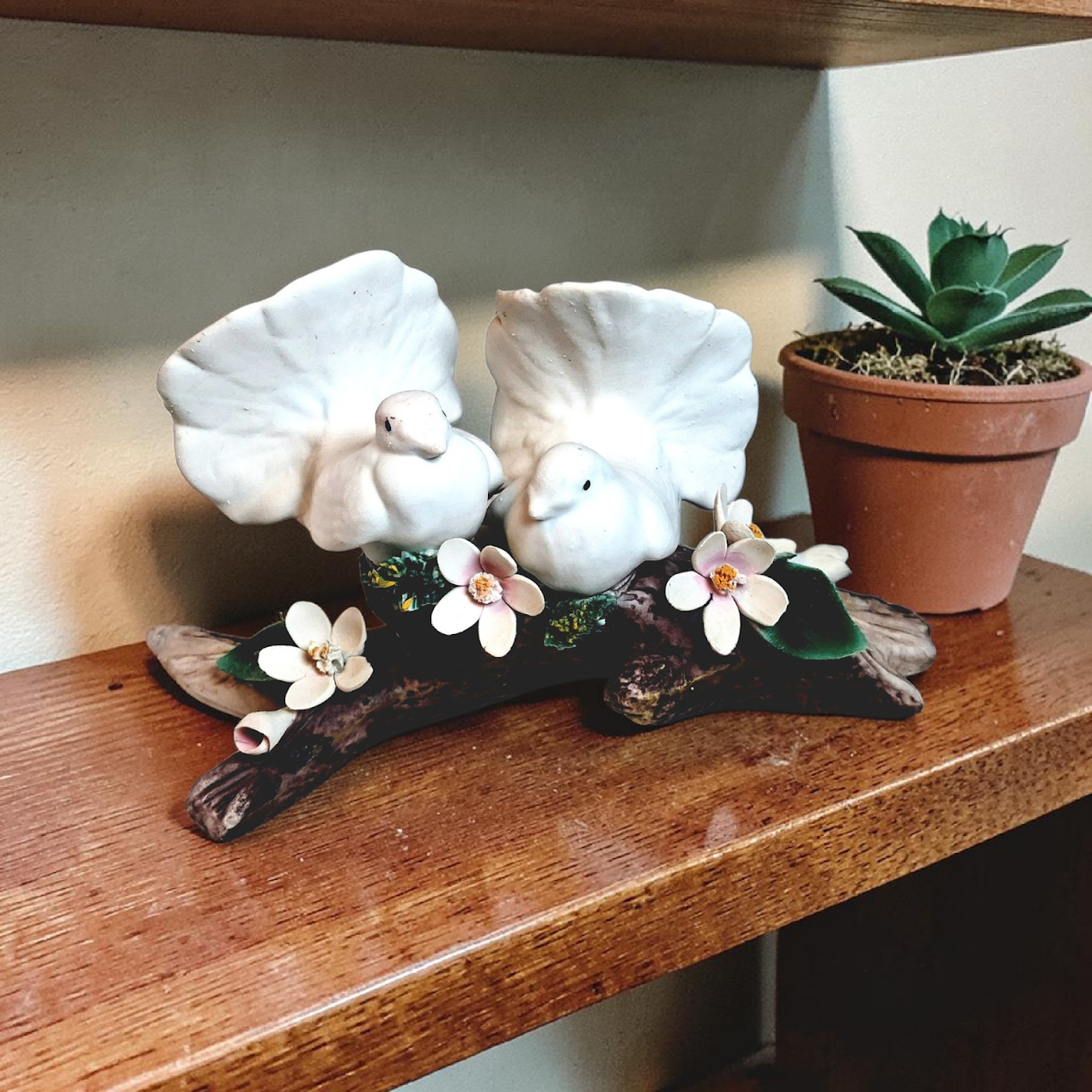 Vintage Italian Capodimonte Porcelain Doves on a Branch with Pink Flowers