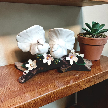 Vintage Italian Capodimonte Porcelain Doves on a Branch with Pink Flowers