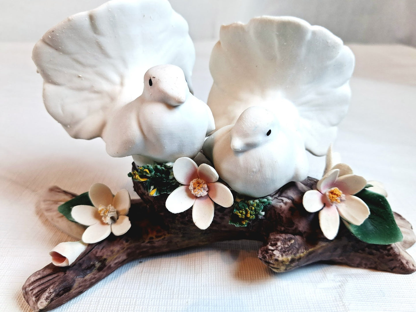 Vintage Italian Capodimonte Porcelain Doves on a Branch with Pink Flowers