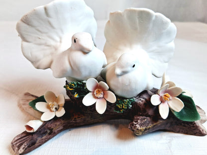 Vintage Italian Capodimonte Porcelain Doves on a Branch with Pink Flowers