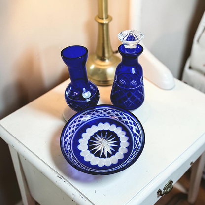 Vintage Cobalt Blue Cut to Clear Vanity Set