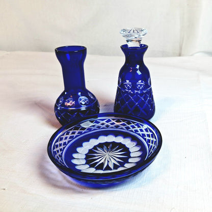 Vintage Cobalt Blue Cut to Clear Vanity Set