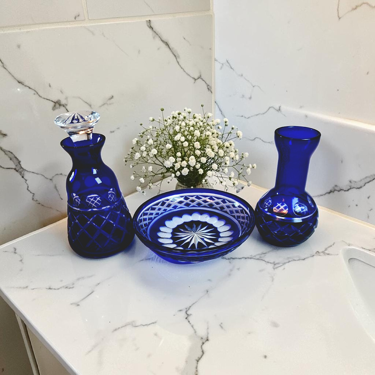 Vintage Cobalt Blue Cut to Clear Vanity Set