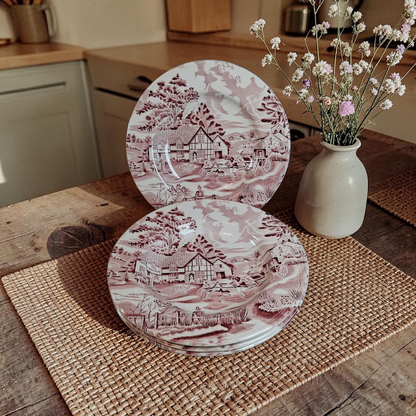 Vintage Red and White Transferware Deep Plates, Set of Four, Made in France