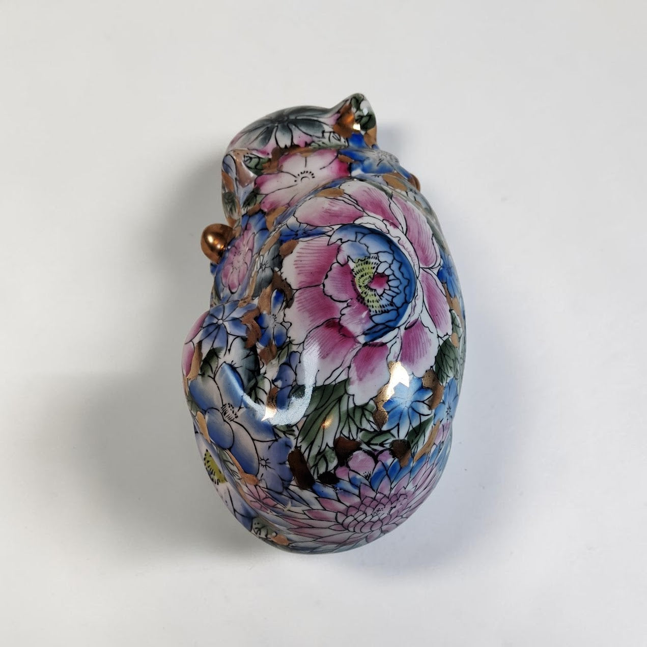 Vintage Chinoiserie Gold and Floral Hand Painted Sleeping Cat