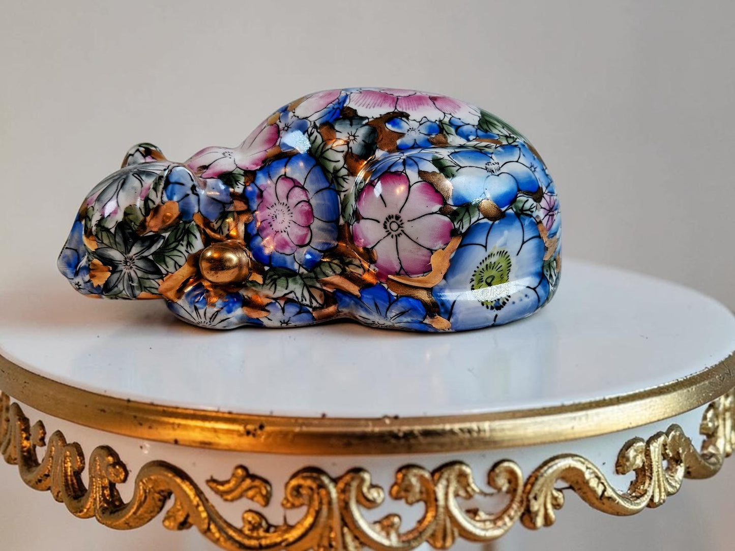 Vintage Chinoiserie Gold and Floral Hand Painted Sleeping Cat