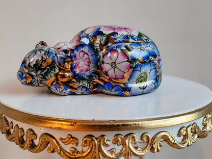 Vintage Chinoiserie Gold and Floral Hand Painted Sleeping Cat