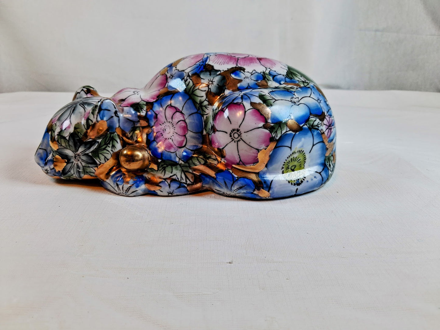 Vintage Chinoiserie Gold and Floral Hand Painted Sleeping Cat