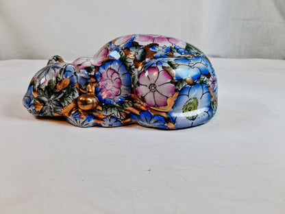 Vintage Chinoiserie Gold and Floral Hand Painted Sleeping Cat