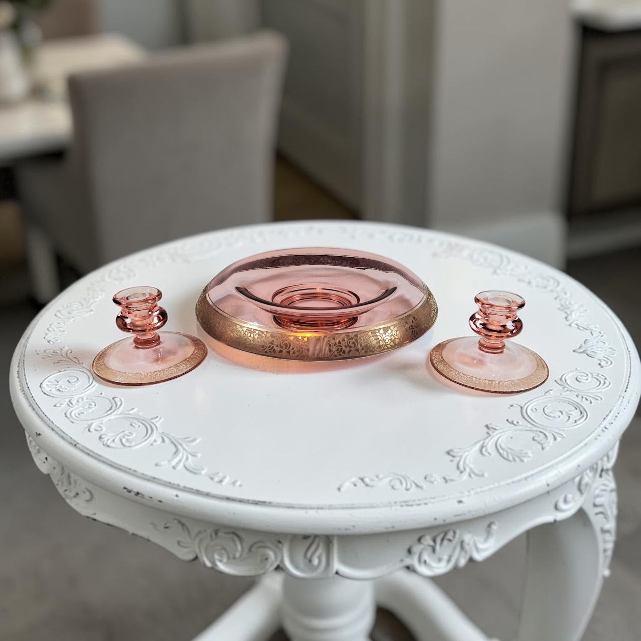 Vintage Tiffin-Franciscan Pink Depression Glass Rolled Rim Bowl with Matching Candle Holders, Beautiful!