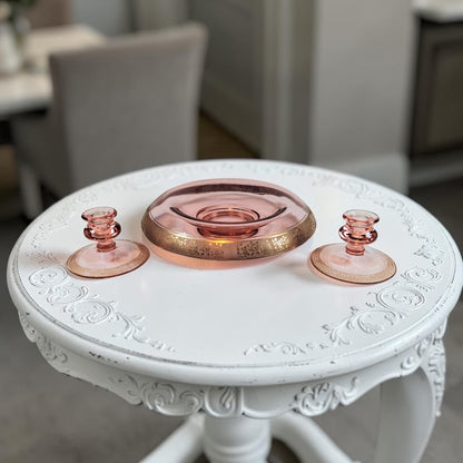 Vintage Tiffin-Franciscan Pink Depression Glass Rolled Rim Bowl with Matching Candle Holders, Beautiful!