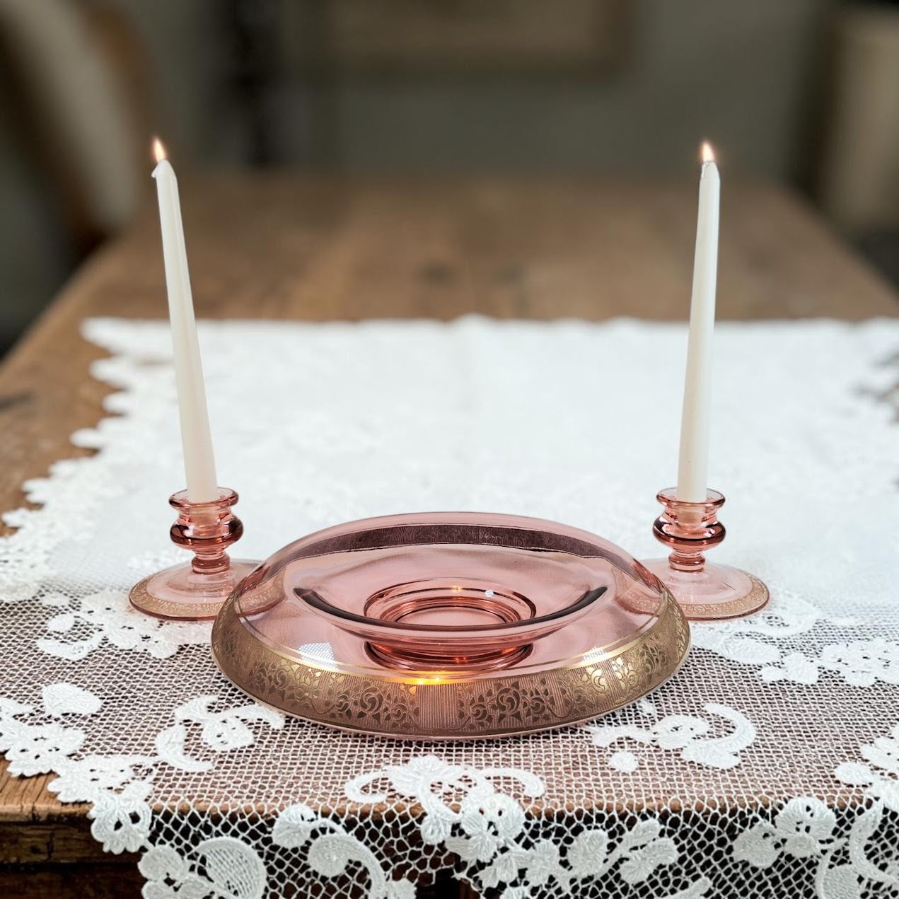 Vintage Tiffin-Franciscan Pink Depression Glass Rolled Rim Bowl with Matching Candle Holders, Beautiful!