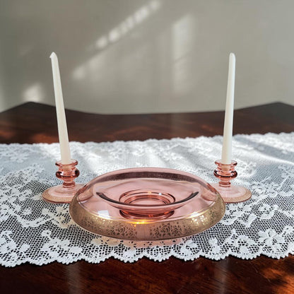 Vintage Tiffin-Franciscan Pink Depression Glass Rolled Rim Bowl with Matching Candle Holders, Beautiful!