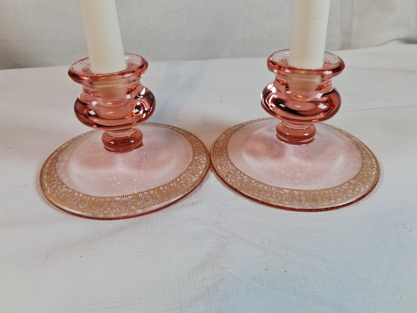 Vintage Tiffin-Franciscan Pink Depression Glass Rolled Rim Bowl with Matching Candle Holders, Beautiful!