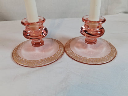 Vintage Tiffin-Franciscan Pink Depression Glass Rolled Rim Bowl with Matching Candle Holders, Beautiful!