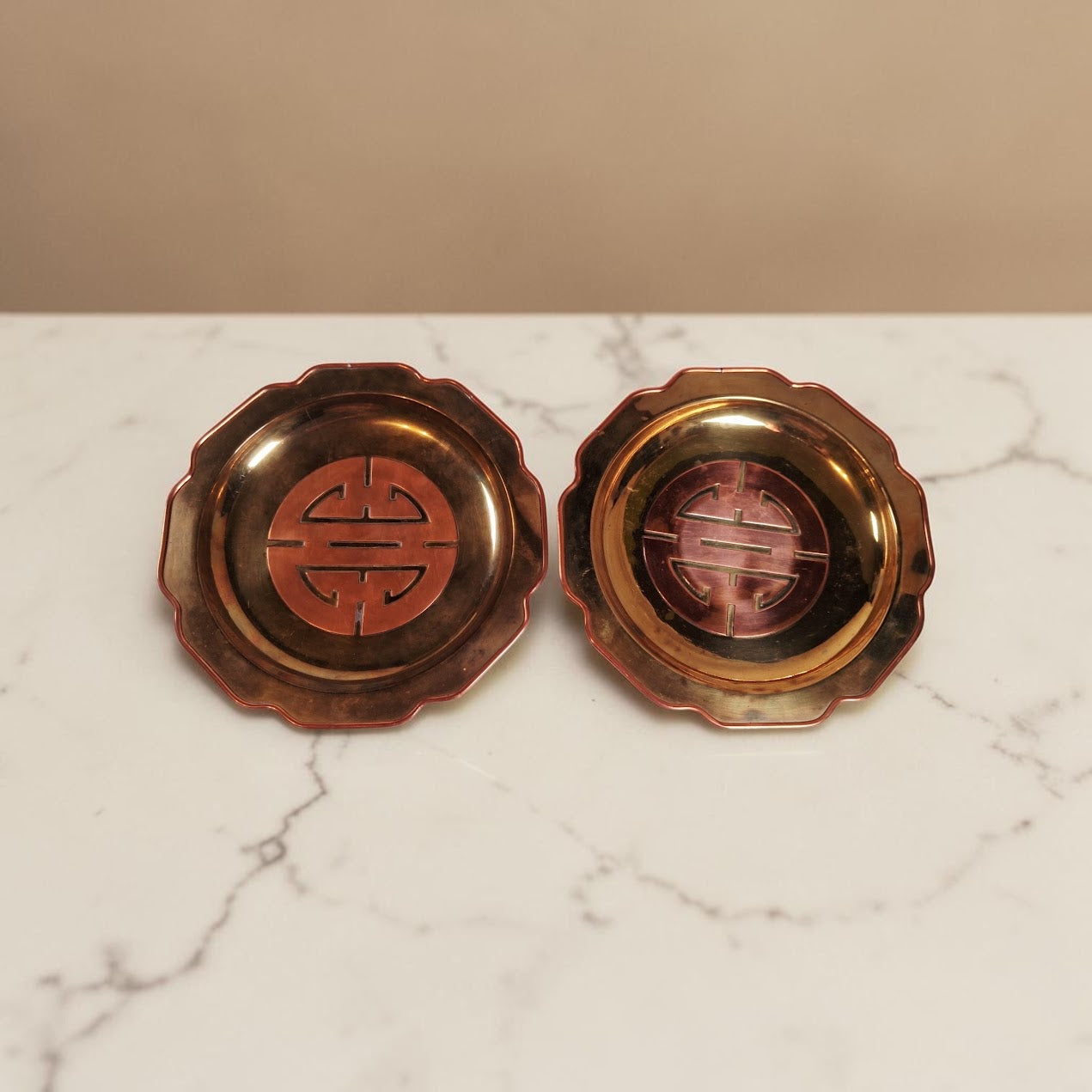 Vintage Brass with Copper Chinoiserie Plates, Set of 2