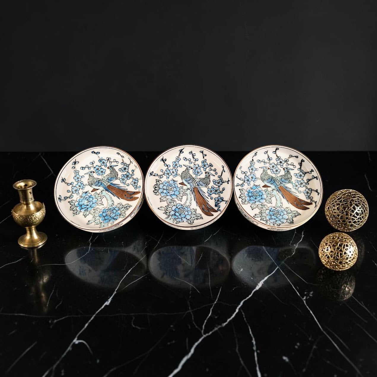 Imari Gold and Blue Peacock Set of 3 Bowls