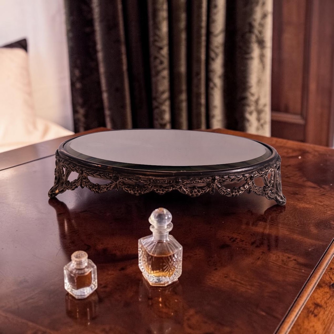 Antique Victorian Era Beveled Filigree Mirror Tray