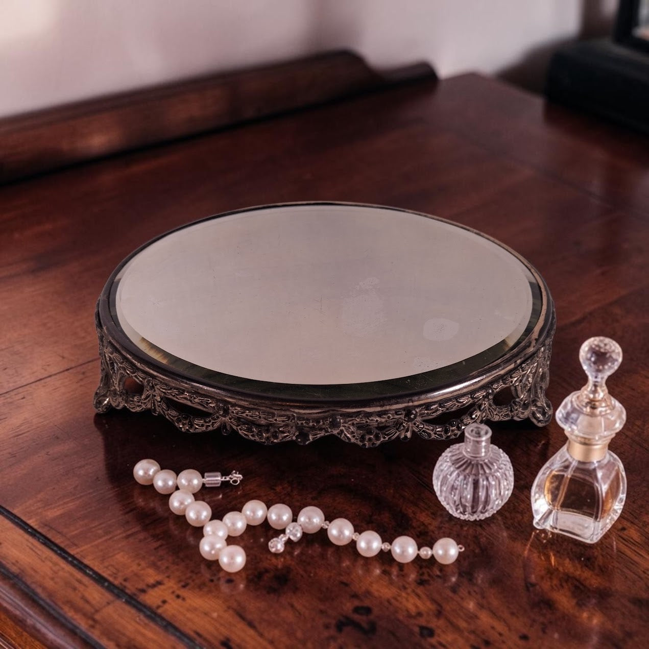 Antique Victorian Era Beveled Filigree Mirror Tray