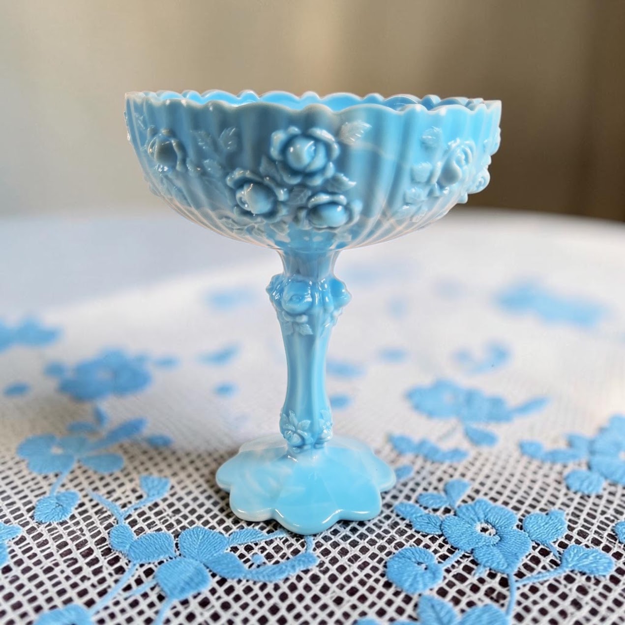 Fenton Blue and White Marble, Cabbage Rose Compote